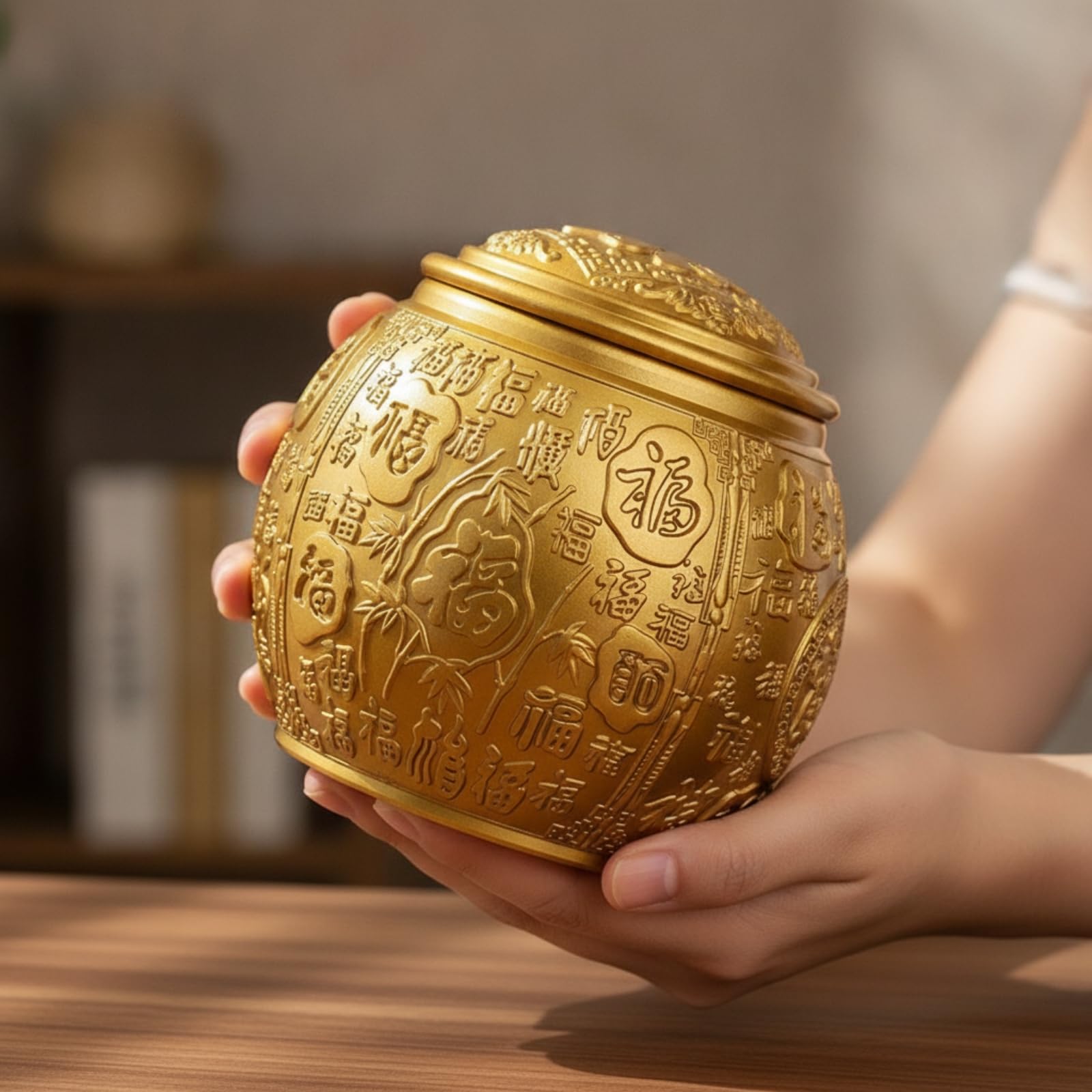 Tarro Metal con Tapa Dorado Recipiente Gofrado Recipiente para Aficionados Al Té, Coleccionistas, Recibidor, Escritorio