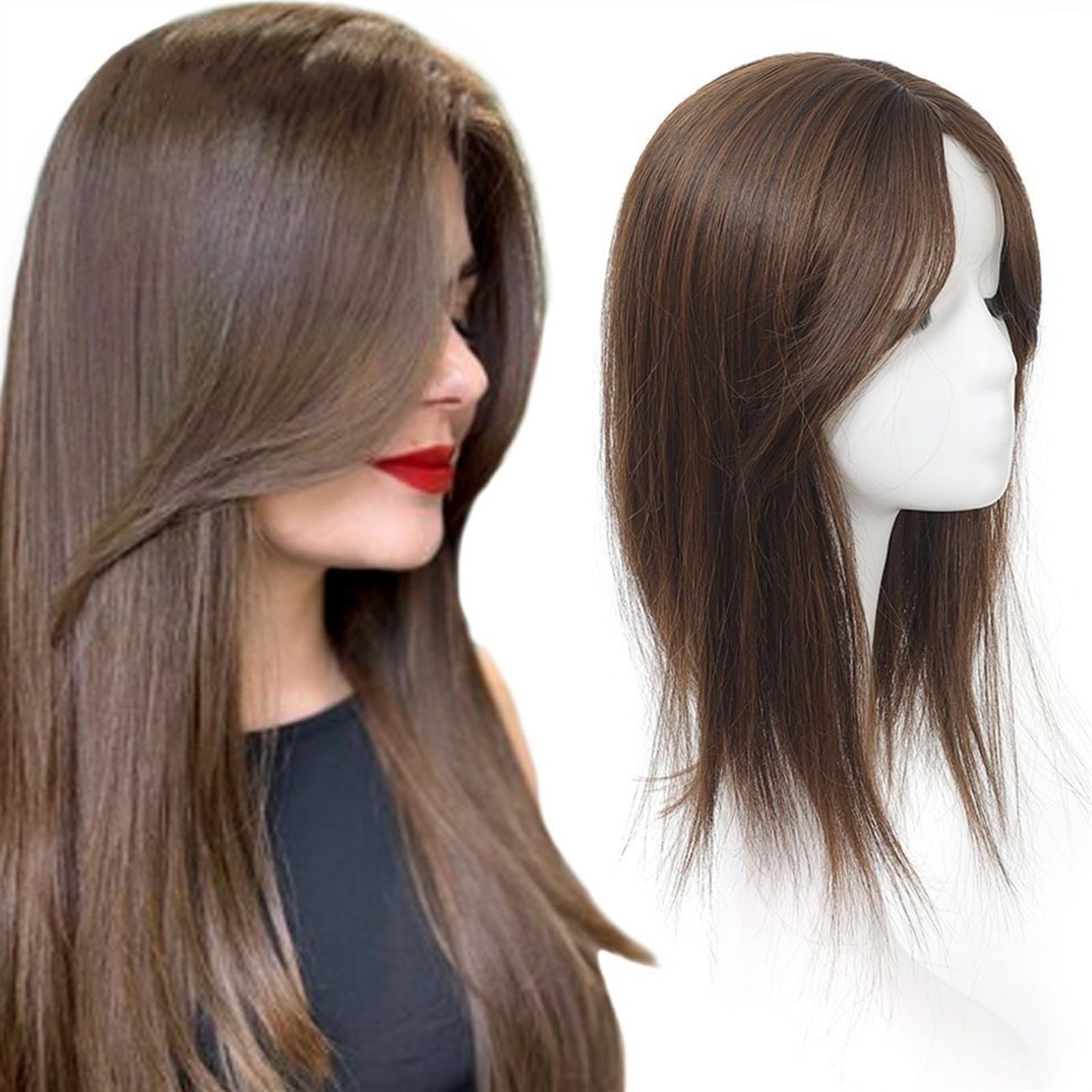 Flequillo Postizo de Pelo Natural y Sintético para Mujer - Adorno de Pelo Liso con 3 Clips - Hair Topper con Peluca Recta
