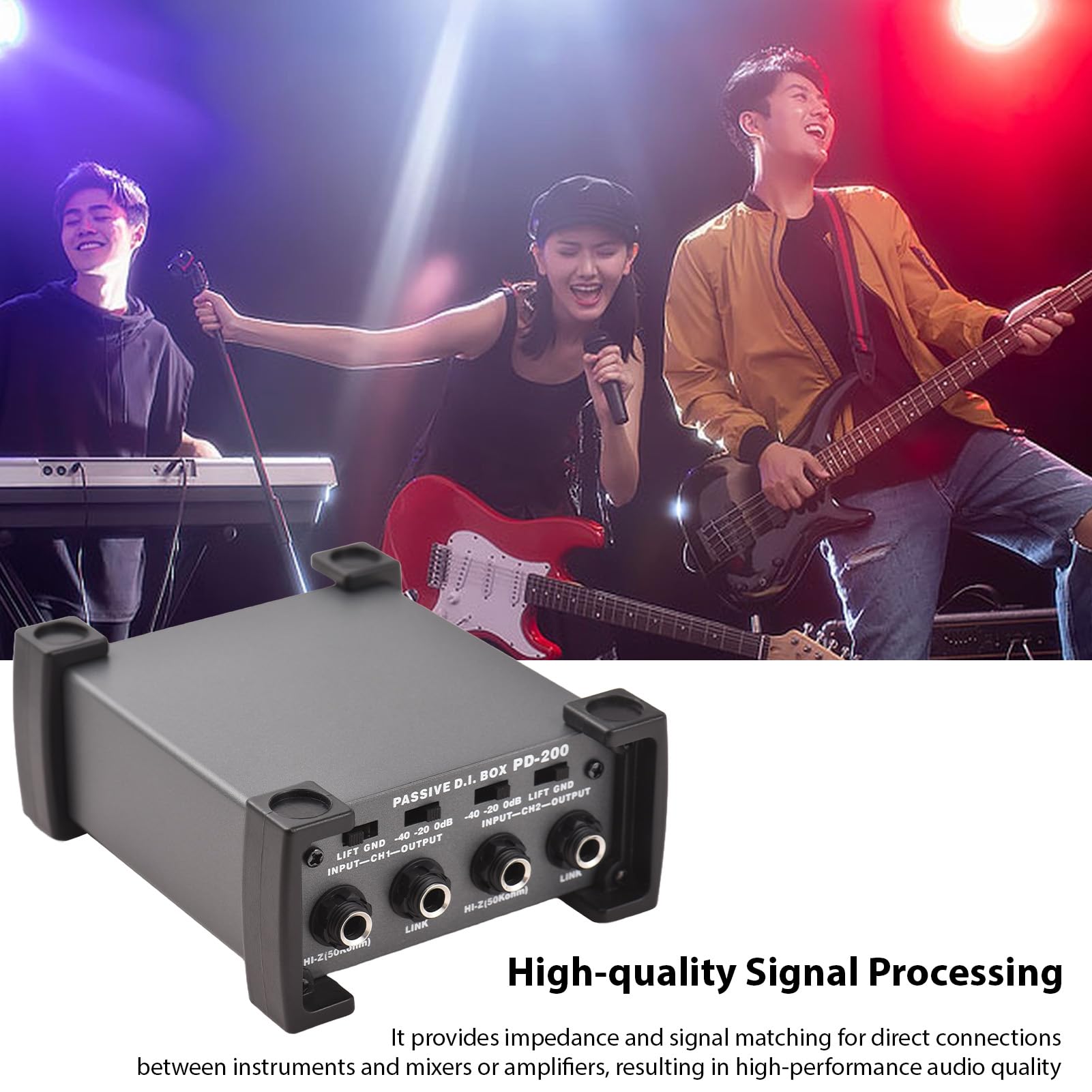 Unità DI-Box passiva a 2 canali Eliminatore di ronzio Direct Box per strumenti da 1/4'' a XLR Trasformatore di impedenza professionale Isolatore audio DI Direct Box per tour e spettacoli dal vi