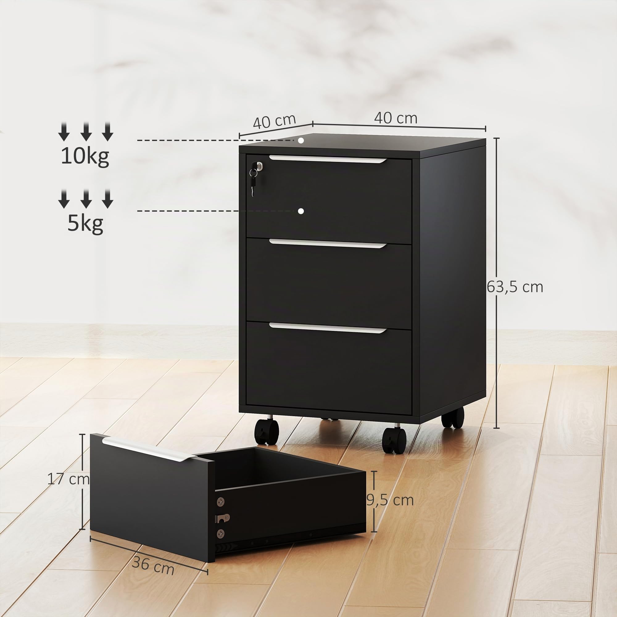 HOMCOM Cassettiera da scrivania mobile con 3 cassetti e serratura, mobile da scrivania su ruote, per documenti e stampante, contenitore compatto per lavoro o camera da letto, 40 x 40 x 63,5 cm, nero