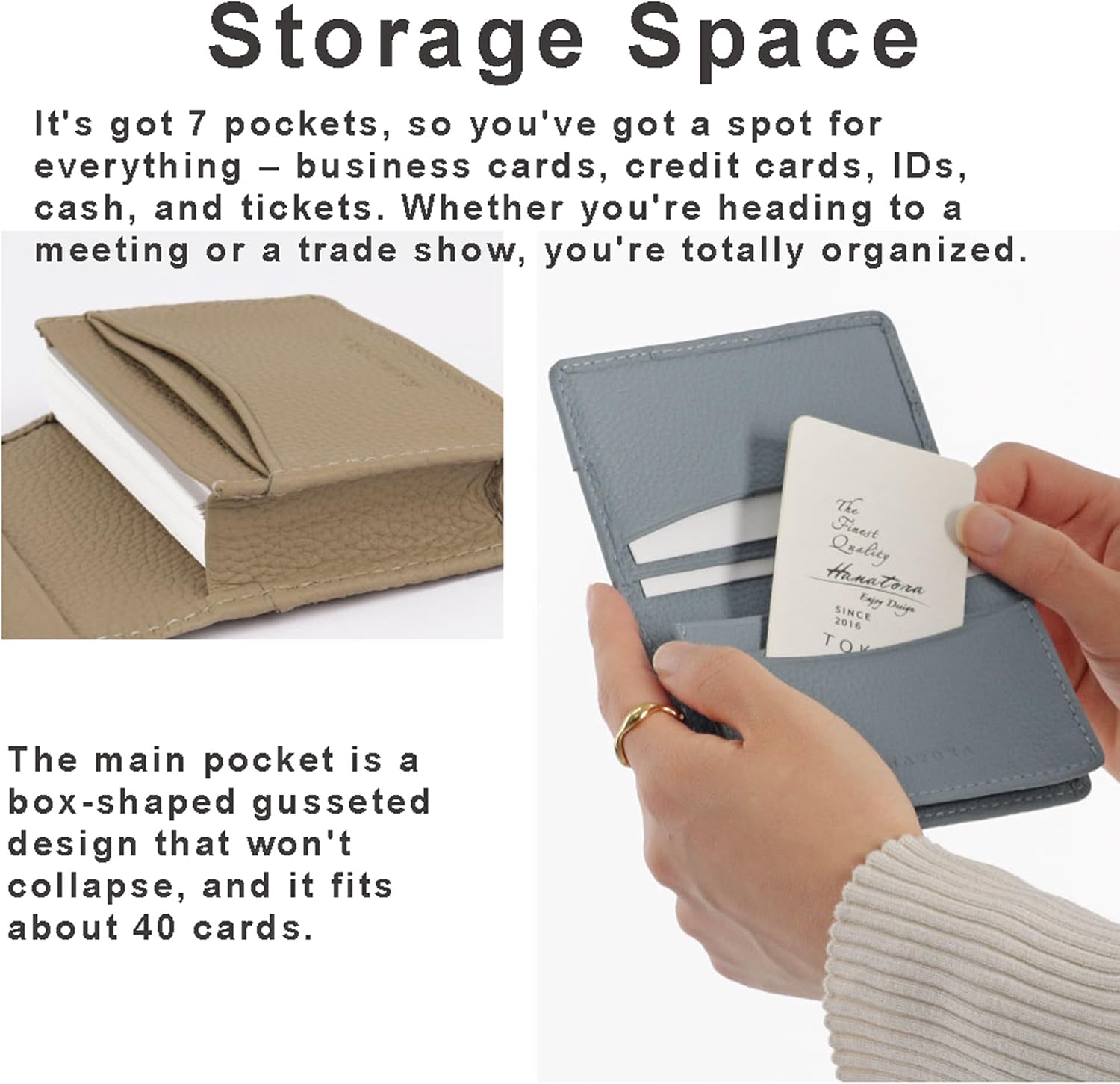 Leather Business Card Holder – Top Grain Cowhide Card Case Wallet with 7 Pockets Organizer for Men & Women, Perfect for Business Meetings & Travel(Greige)