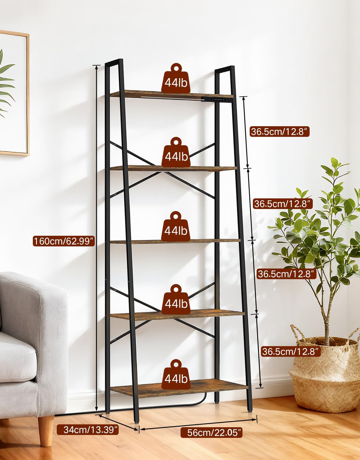 Estantería de Escalera Ancha de 5 Niveles con Luces LED, Control Táctil y Remoto, 3 Temperaturas de Color, Librería Esquinera Alta Regulable de Metal y Madera para Salón y Dormitorio