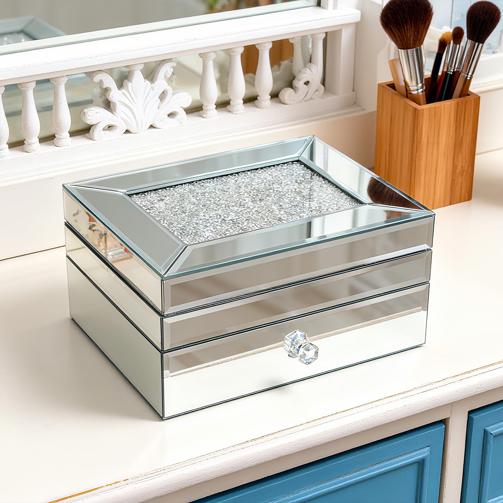 Poayewly 2 Layer Mirror Glass Jewelry Box with Crushed Diamond Decor, Velvet-Lined Trinket Organizer for Rings Earrings Necklaces Bracelets - Elegant Treasure Chest Storage Case for Women Girls