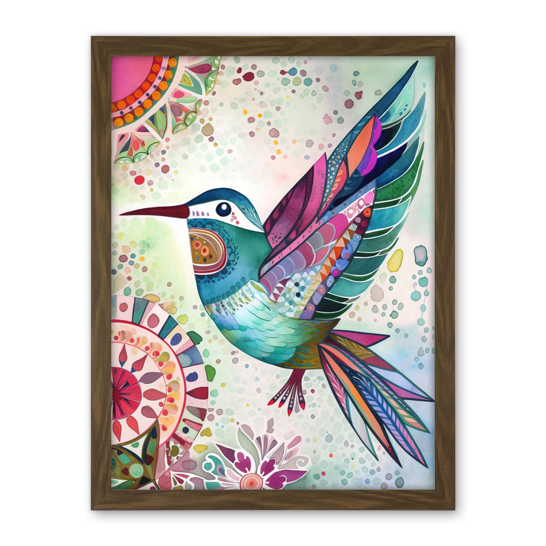 Artery8 Hummingbird With Multicolour Mandala Patterns Folk Art Watercolour Painting Artwork Framed Wall Art Print 18X24 Inch