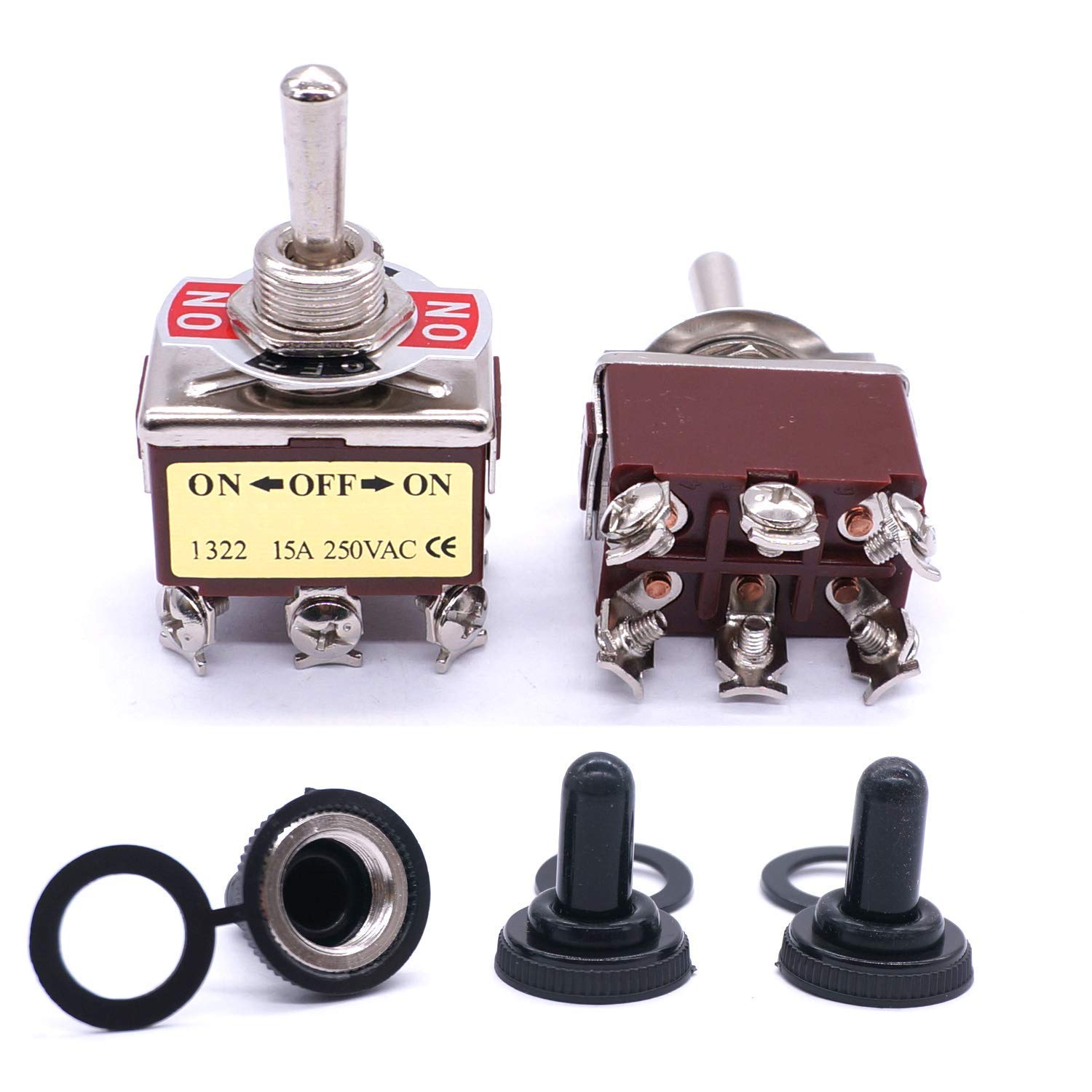 Kippschalter, 3 Stück, universell, robust, 20 A, 125 V, DPDT, 6 Anschlüsse, EIN/Aus/EIN, Wippe aus Metall + 3 Stück wasserdichte Abdeckung