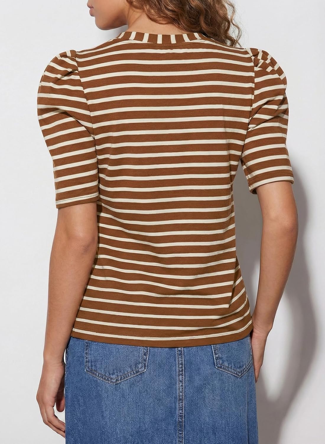 Dokotoo Women's Casual Short Puff Sleeve Crew Neck Striped T Shirts Summer Tops - Image 5
