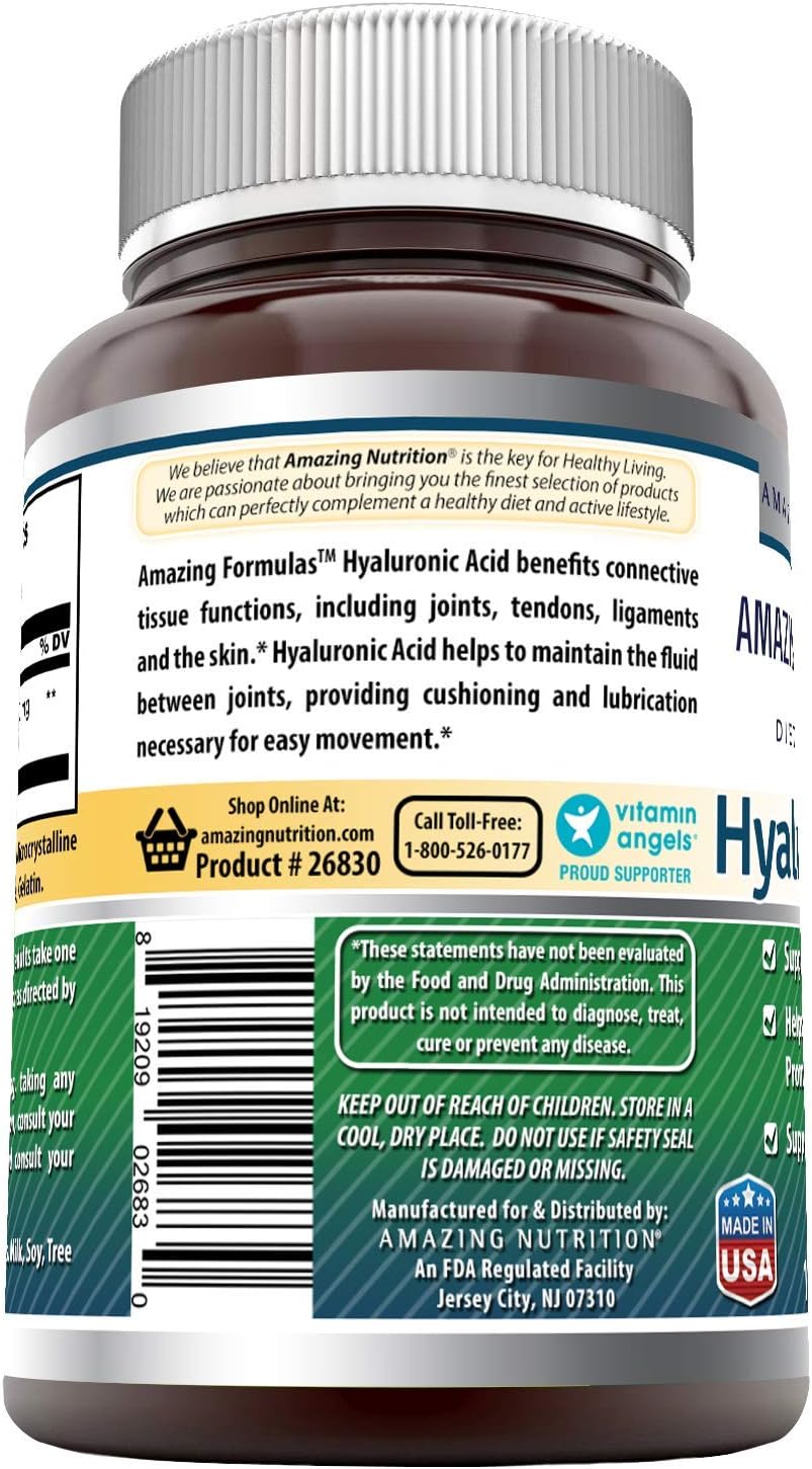Amazing Formulas Hyaluronic Acid 200 mg 120 Capsules (Non-GMO) - Support Healthy Connective Tissue and Joints - Promote Youthful Healthy Skin : Health & Household