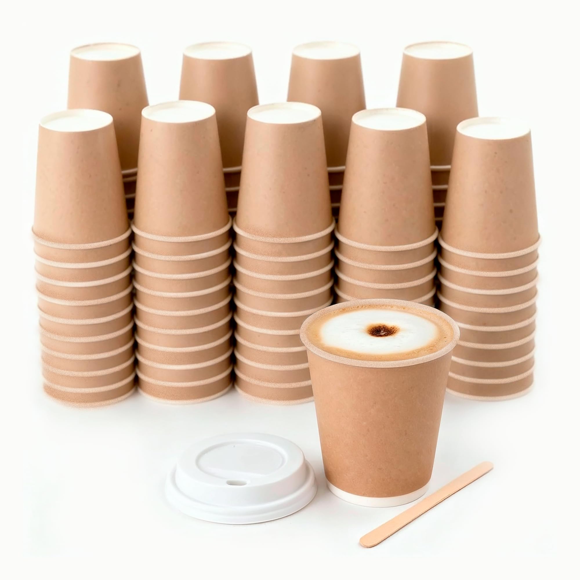 Vasos para Café con Tapas y Paletinas de Cartón Kraft 600 uds de 240 ml (8oz) Tazas de Papel de Alta Densidad para Bebidas Calientes Lavables y Reusables