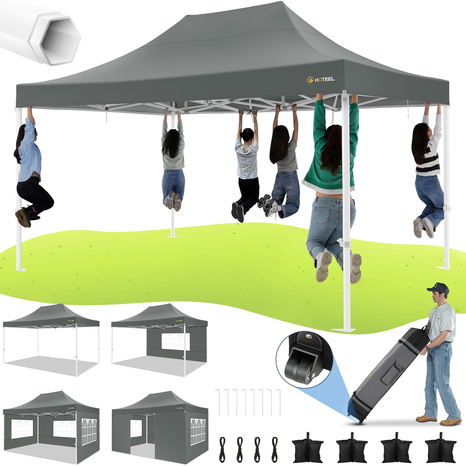 hoteel canopy tent 10x15 heavy duty pop up canopy with sidewalls, party tent with roller bag for event wedding, upgraded commercial waterproof instant canopy, thick hexagonal legs, upf50+, gray