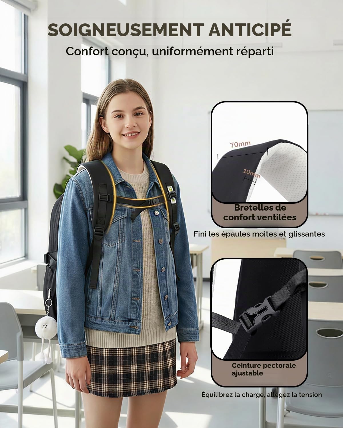 Amythe Sac à Dos Scolaire pour Filles Adolescentes, Cartable Fille Ergonomique Imperméable, Grand Sac D'école pour Primaire(CE2 CM1 CM2) Collège Lycée, 10-18 Ans -Noir