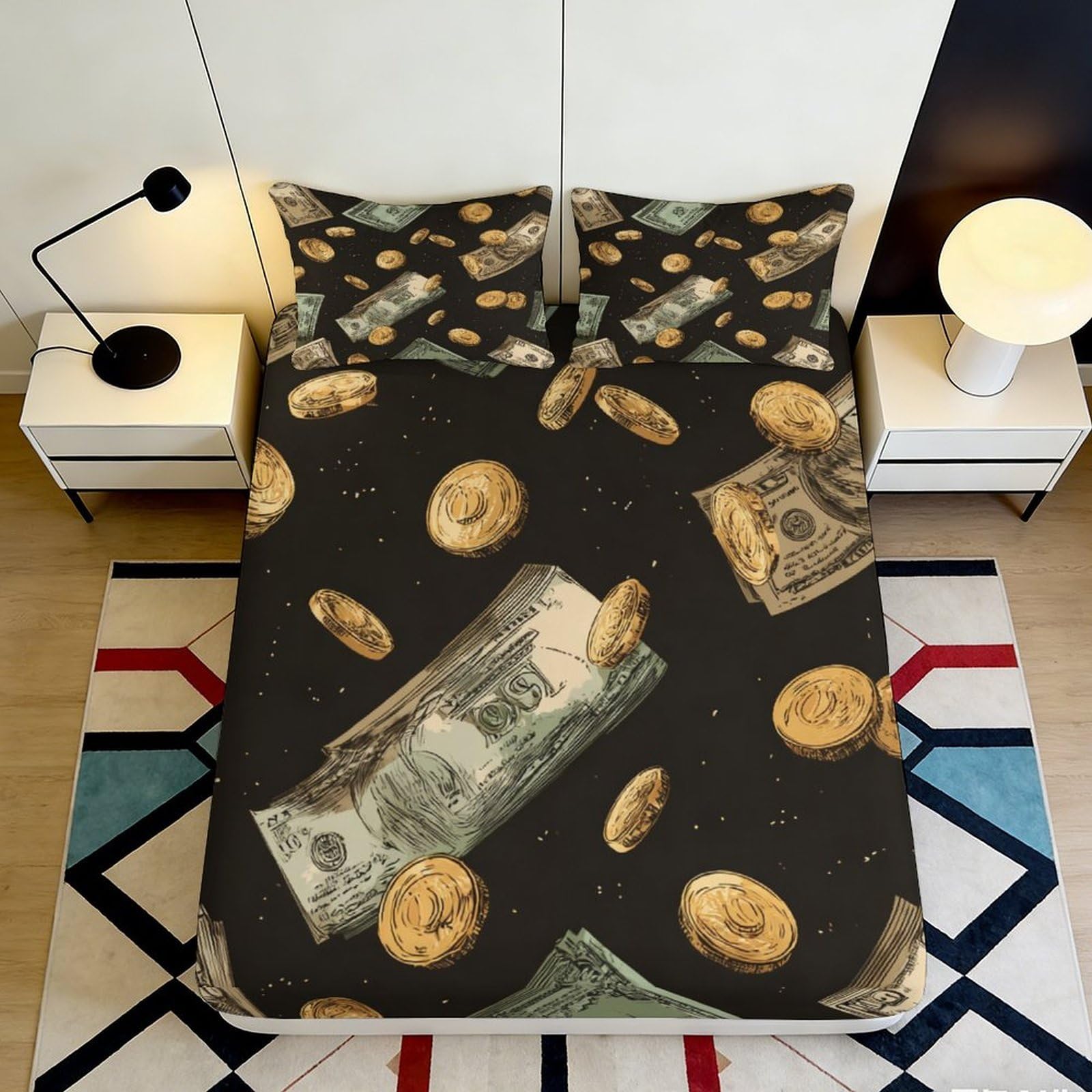 3D Printed Money Dollar Fitted Sheet Microfiber Soft Black Gold Coin Bed Cover for Bedroom Dorm Mattress Decor 90x200x25cm