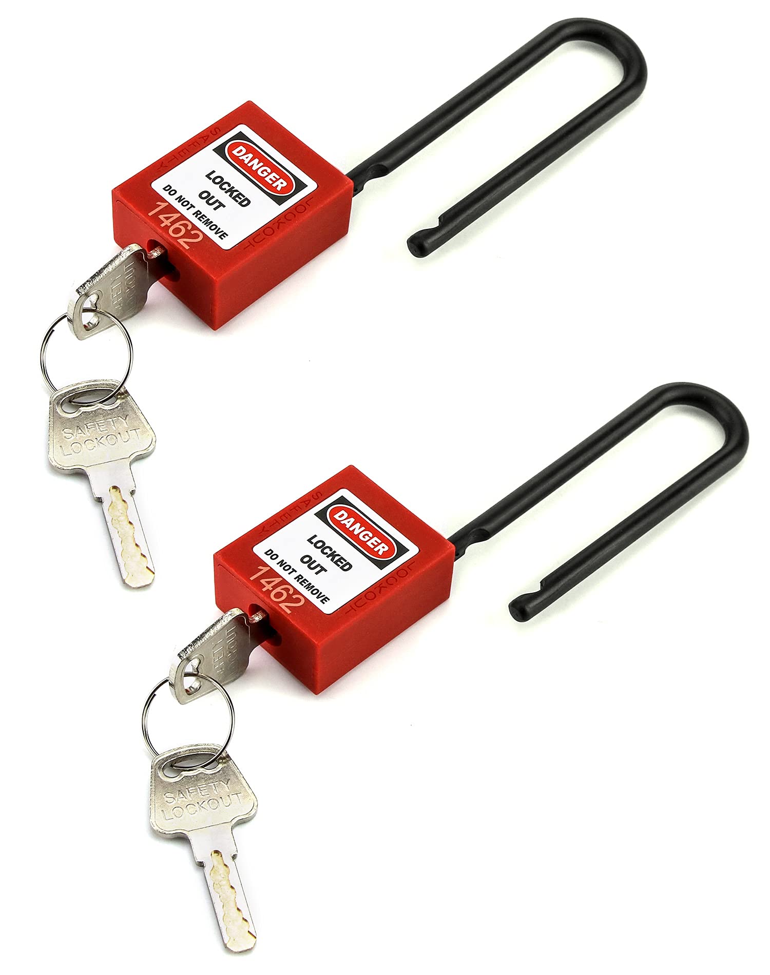 QWORK® Lockout Tagout Locks, Safety Padlock, 2 Padlocks with 4 Keys, 3" Extended Nylon Non-Conductive Lock Handle, Red