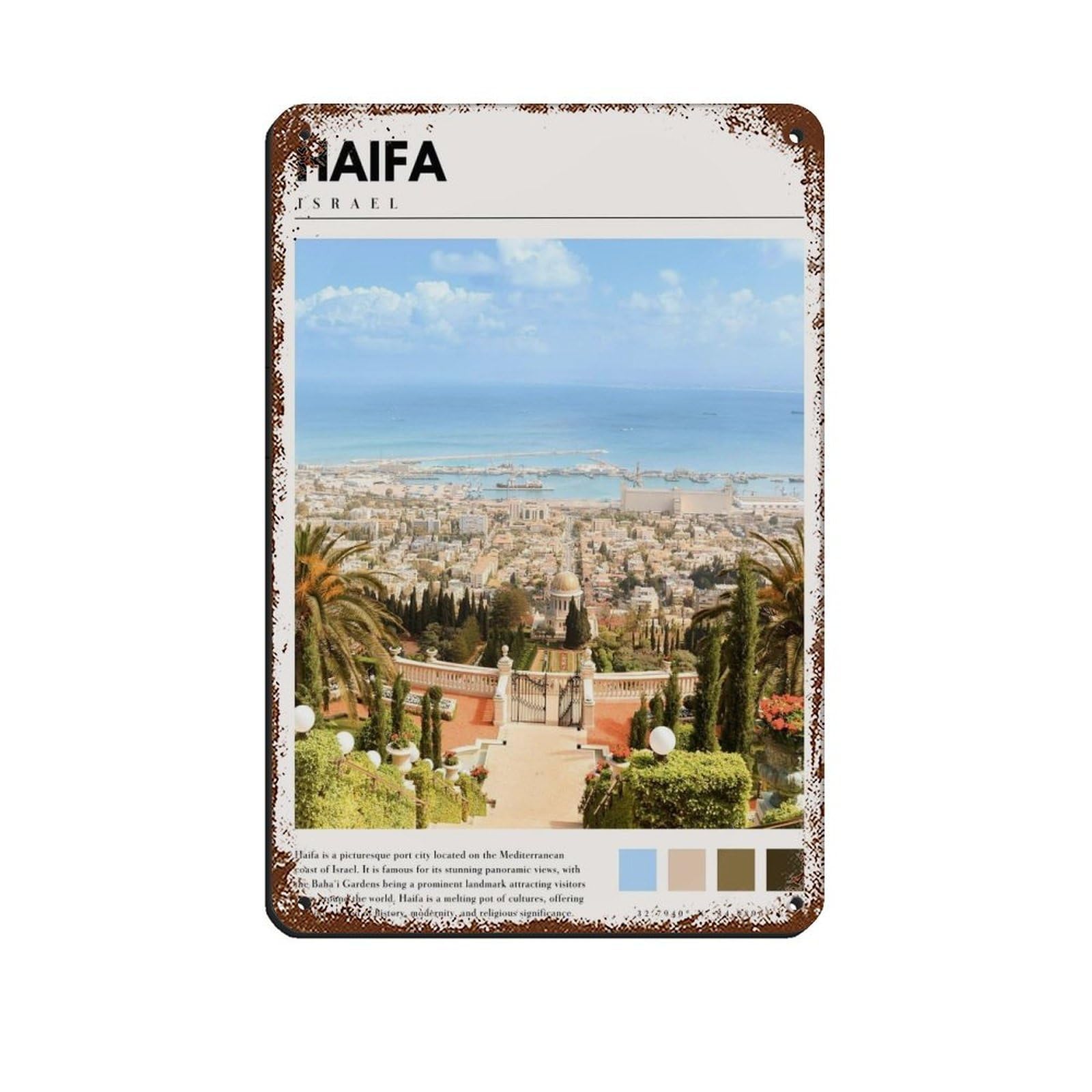 Haifa Israel Poster Israel Art Tin Sign Vintage Metal Pub Club Cafe Bar Home Wall Art Decoration Poster Retro 8x12inch(20x30cm)