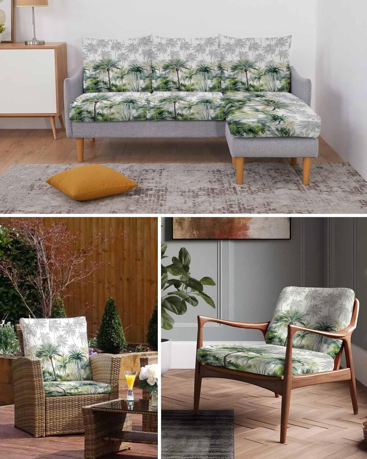 Green Tropical Stretch Couch Sofa Cushion Covers,Sectional/Individual/L/T Shape Sofa Couch Slipcover Furniture Cover Elastic Bottom,Summer Palm Coconut Tree Coconut Plant Beach Watercolor S Size 1-PC