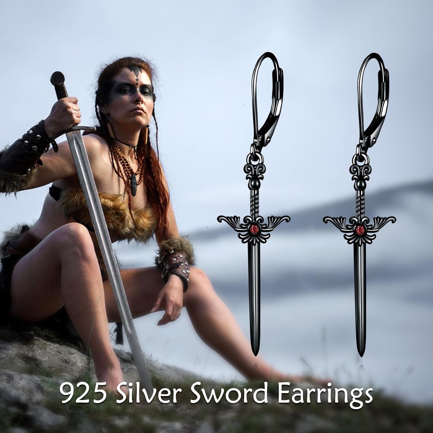 Gothic Earrings 925 Sterling Silver Black Witches Heart/Sword Dangle Dangly Drop Leverback Earrings Goth Jewelry Gifts for Women