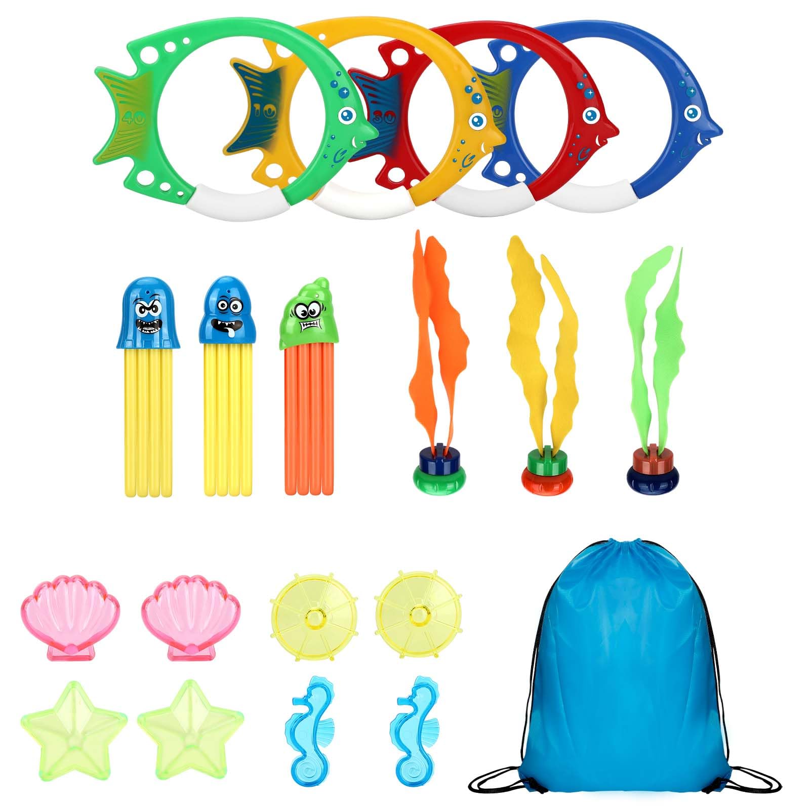 Mkitnvy 19 Piezas Juguetes de Buceo en Piscina, Juguetes para Nadar bajo el Agua Conjunto, Juguetes de Entrenamiento para Piscina Natación Subacuática Verano Juegos para Niños
