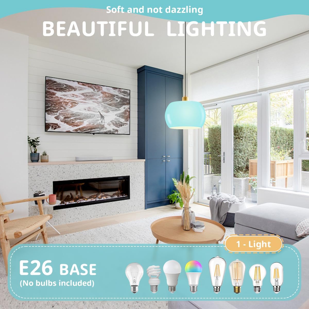 Pendant Light Mid Century Modern Pendant Lighting Blue Glass Hanging Lights Over Table Light Fixtures Adjustable Gold Hanging Lamps for Dining Room Kitchen Island, Easy to Install, 1-Light