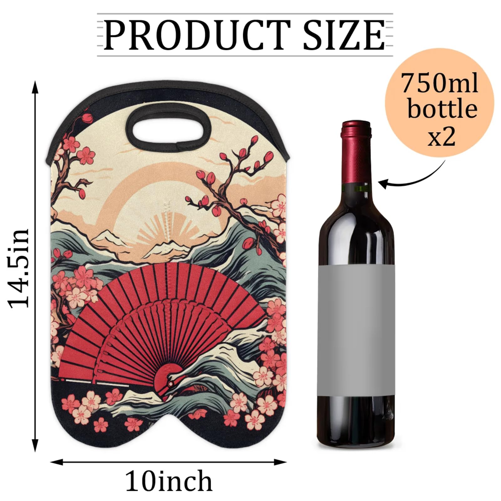 GzLeyigou 2 Bottles Japanese Fan Wine Bag Sleeve Totes Neoprene Protective Wine Carrier Bag for Wine,Water, Champagne, Beer, Baby Bottles,Gift 14.5 x 10 Inches