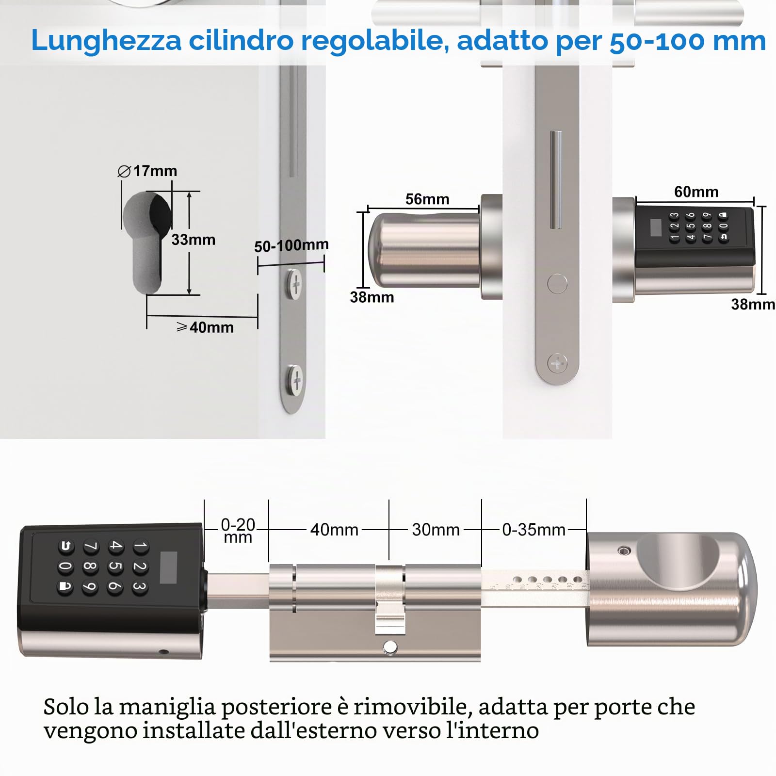 WELOCK Serratura Elettronica per Porta D'ingresso con Codice pin, Serratura Elettronica Impermeabile per Porta con Bluetooth e app, Adatta per Porte di Spessore Compreso tra 50 e 100 mm