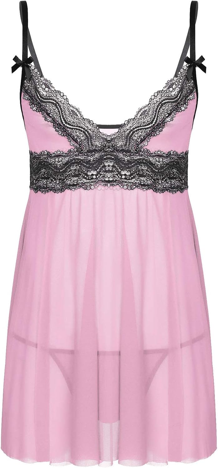 Alvivi Men's Sissy Babydoll Pajamas Set 2 Piece Sheer Crossdress Lingerie Chemise Nightgown with Thong