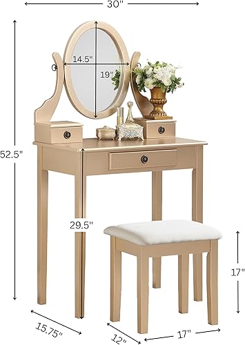 Miniatura 5 de Roundhill Furniture Moniys Wood Moniya - Juego de mesa y taburete de maquillaje, color dorado