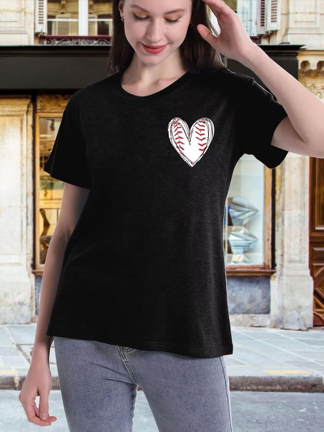 Women Baseball Shirt Baseball Heart Tee Baseball Mom Tshirt Game Day Short Sleeve Tops - Image 2