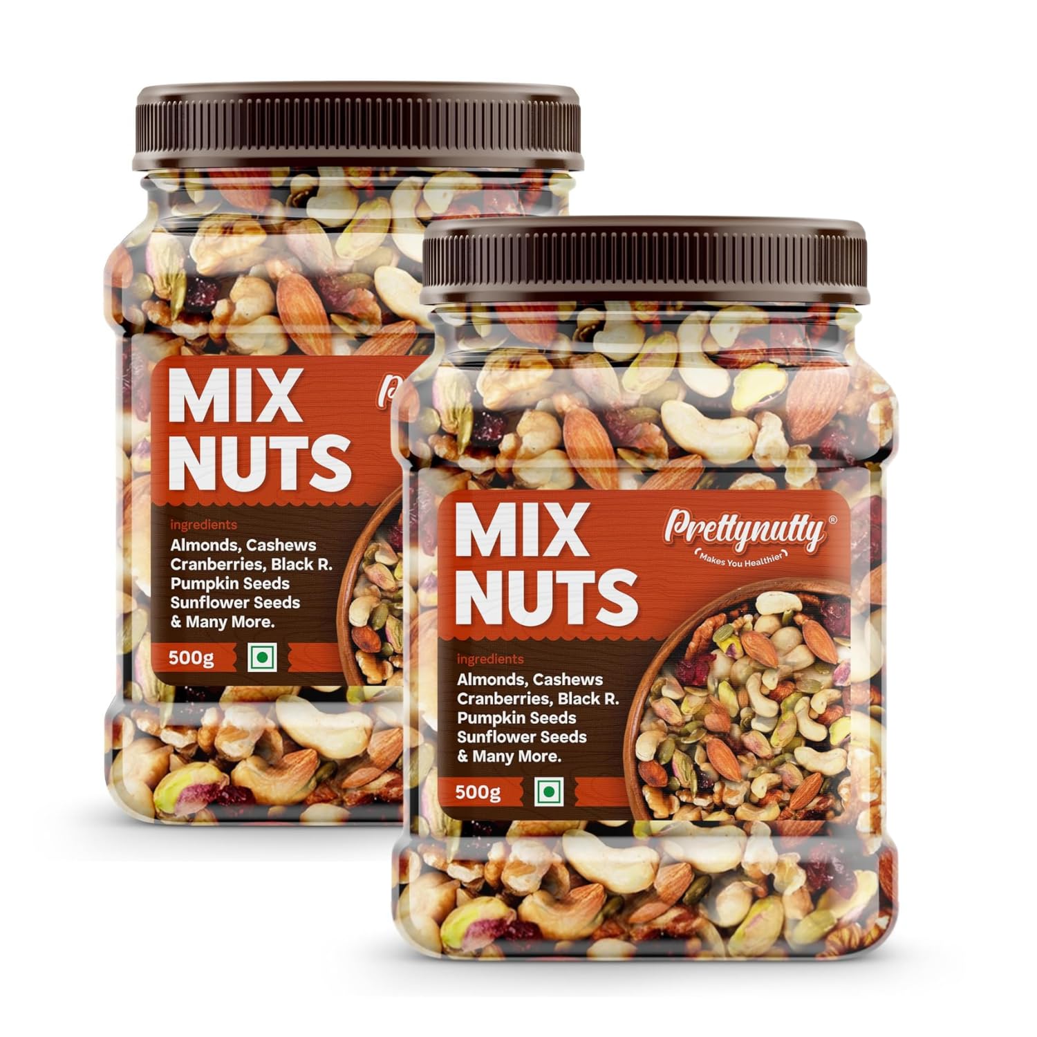 PrettyNutty Healthy Nutmix 1kg, Dried Almonds, Black Raisins, Cashewnuts, Cranberries, Green Raisins, Walnut Kernels & Many More. Pack of 2 (500g Each Jar) discount deal