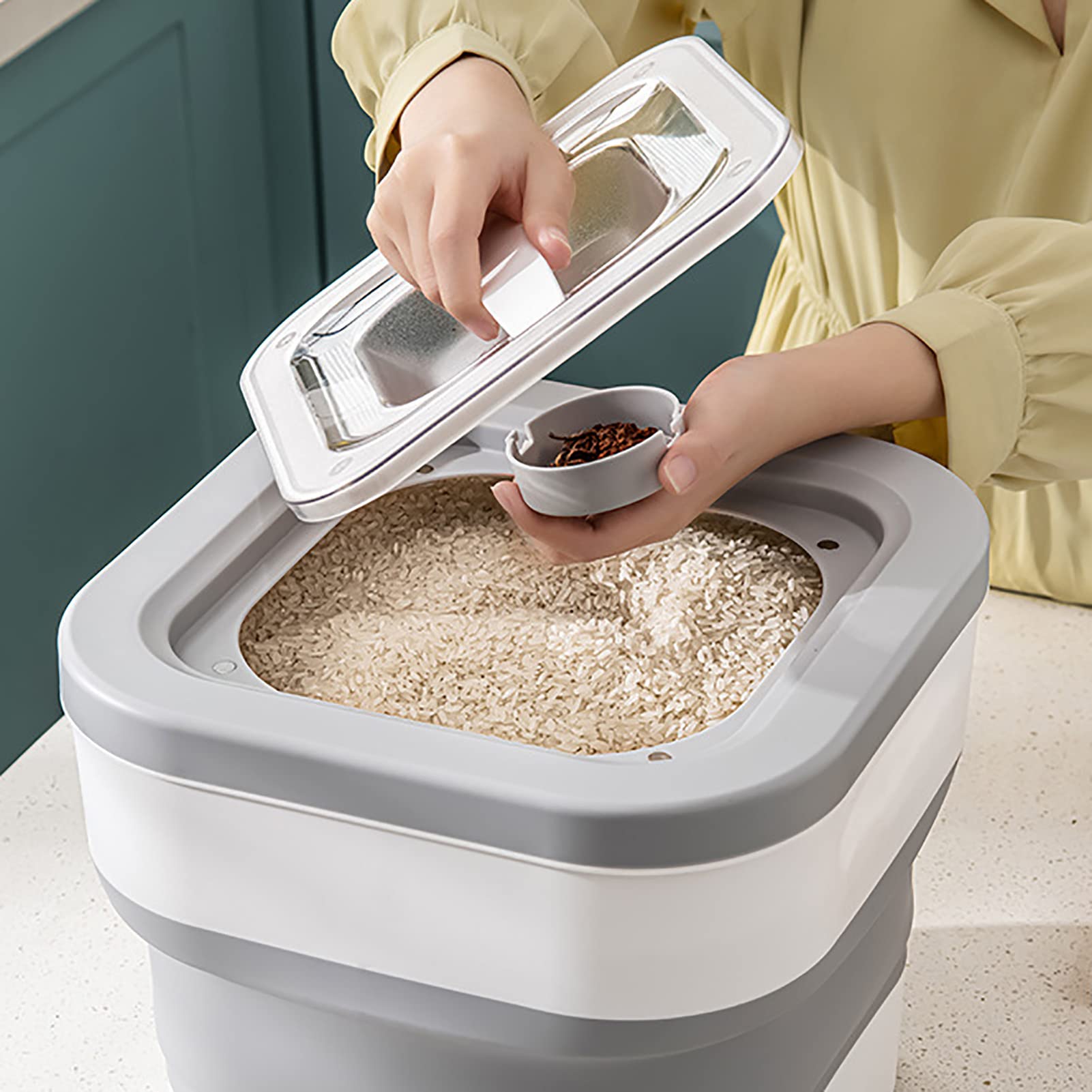 Contenitore Alimentare Raccoglibile per Riso, Capacità 12,5kg | Design sigillato, plastica resistente, comodo misurino, antipolvere, adatto per cereali e alimenti per animali domestici
