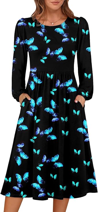 FQZWONG Womens Dresses Fall Crewneck Dresses Trendy Empire Waist Midi-Dress Casual Loose Long Sleeve Clothing with Pockets