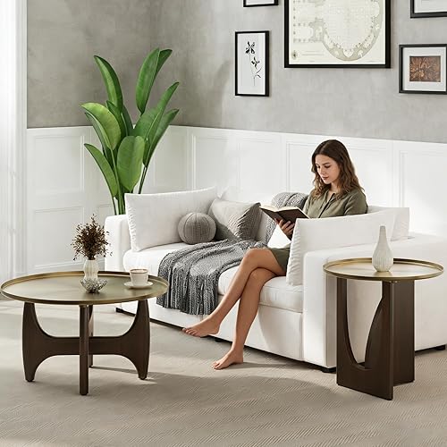 Miniatura 3 de ACEDÉCOR Mesa auxiliar redonda, mesas de centro de 30 pulgadas con bandeja de oro cepillado y base de madera de nogal maciza, mesa central para sala