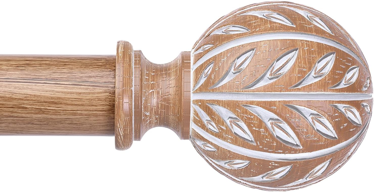 Boho Wood Curtain Rod, Long Decorative Curtain Rods for Windows 66 to 120 Inch with Handmade Wood Grain Leaf Finials, 1 Inch Adjustable Heavy Duty Rustic Window Treatment Rods, Easy Install