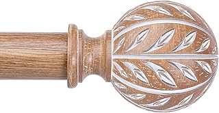 Boho Wood Curtain Rod, Decorative Curtain Rods for Windows 48 to 84 Inch with Handmade Wood Grain Leaf Finials, 1 Inch Adjustable Heavy Duty Vintage Rustic Window Treatment Rods, Easy Install