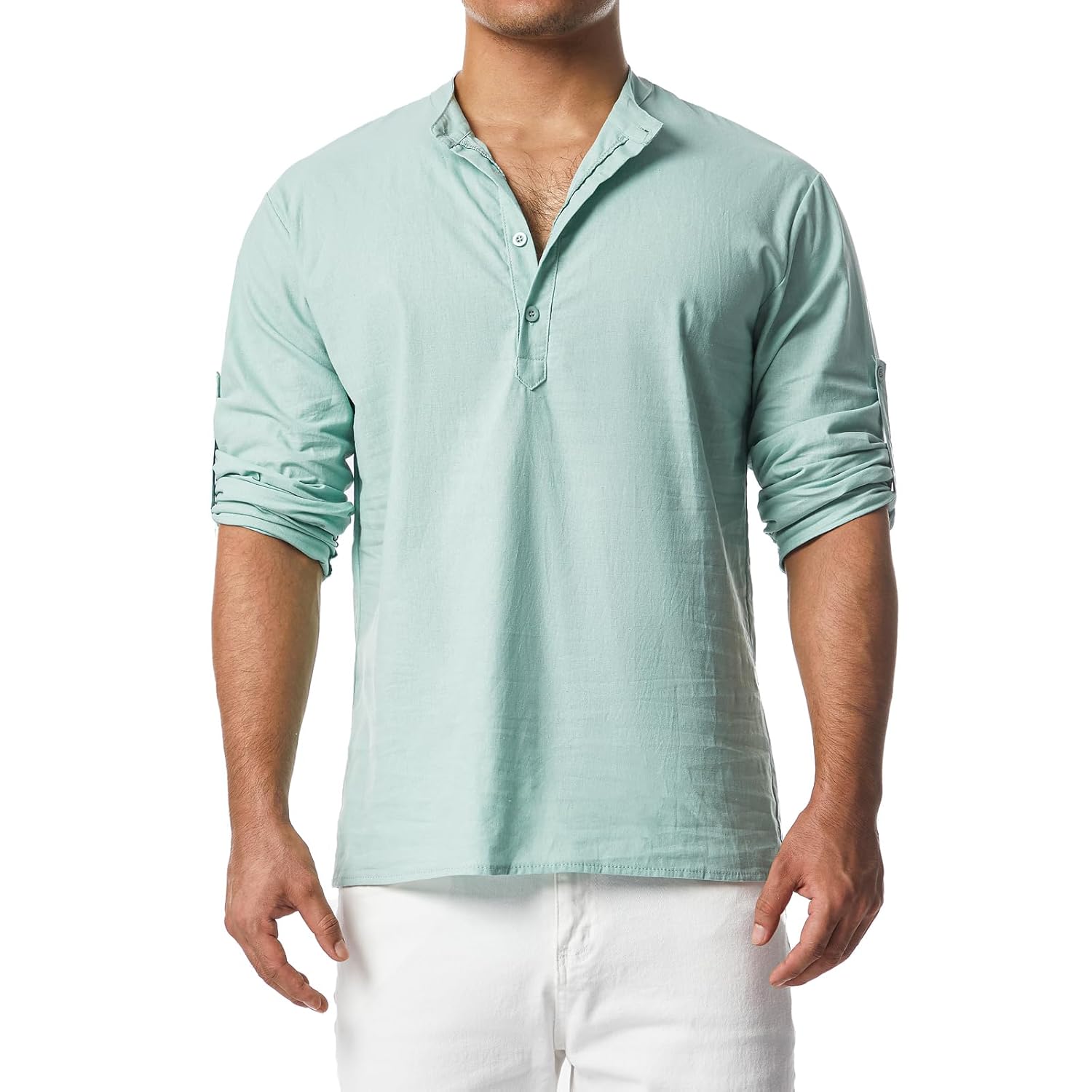 Camisetas masculinas de algodão e linho leves e casuais de manga comprida Henley Beach Hawaiian Tops, Verde, G