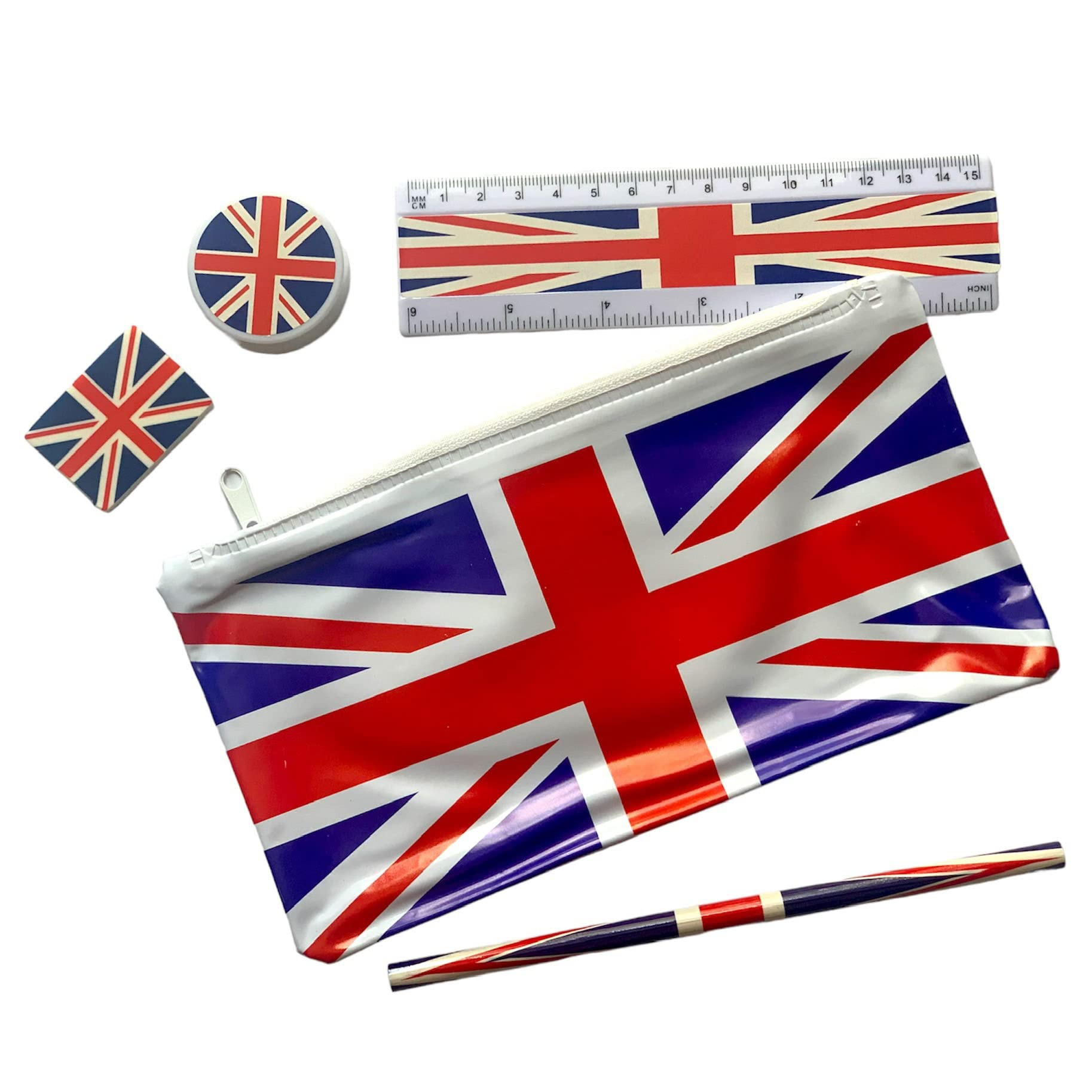 Souvenirs Union Jack London Pencil Case with Pencil, Sharpener, Ruler & Eraser Rubber - UJ British School Set/UK Union Jack Themed School Kit
