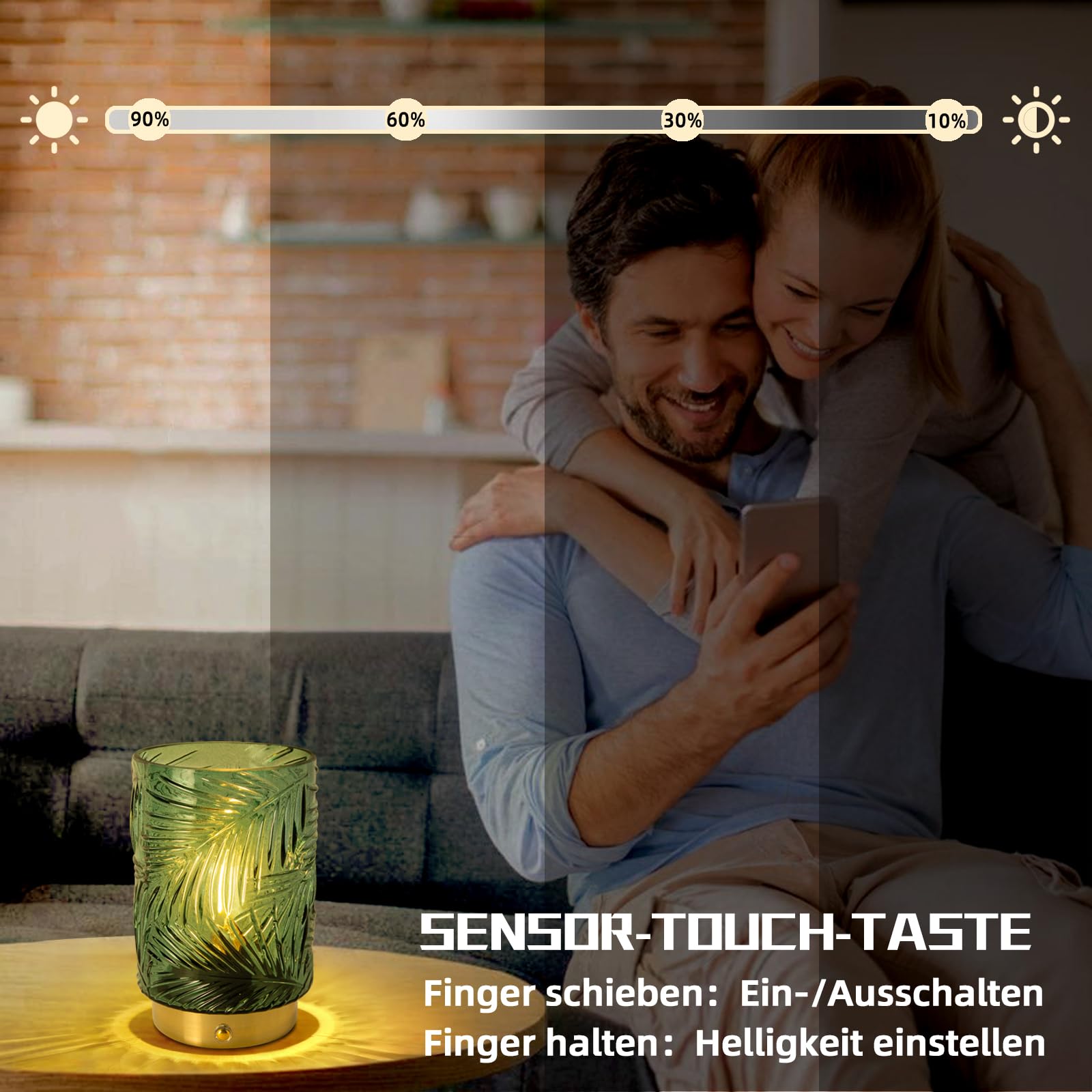 MJ PREMIER Wiederaufladbare Tischlampe Kabellose, Akku LED Tischleuchte mit Touch-Schalter, Dimmbare Tischlampe aus Glas, Dekorative USB Aufladbar Lampe, Notlampe für Stromausfall, (Grün, Mini)