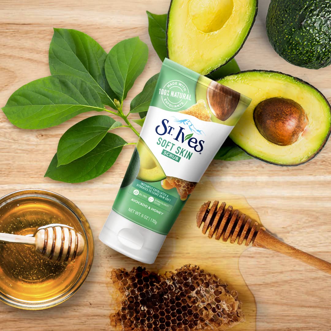 St. IvesSoft Skin Avocado & Honey Face Scrub with 100% Natural Exfoliants & Extracts| Medium Exfoliation for Glowing Skin| Gentle Scrub for Men & Women | Dermatologically Tested & Paraben-Free| 170gm -
