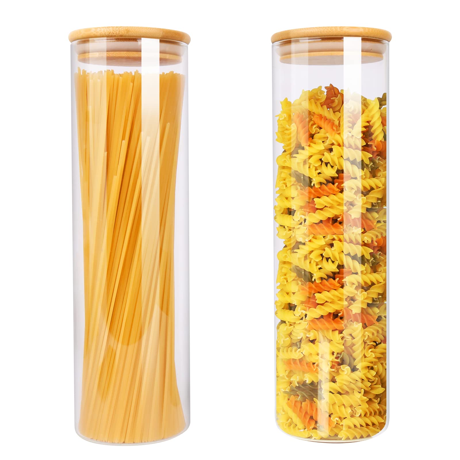 2 Set Glass Storage Jars 1.5L,Pasta Storage Jars with Bamboo Lids and 125 Labels,High Borosilicate Glass Airtight Canister for Kitchen Storage,Food Storage Container for Tea Coffee Beans Sugar Cookies