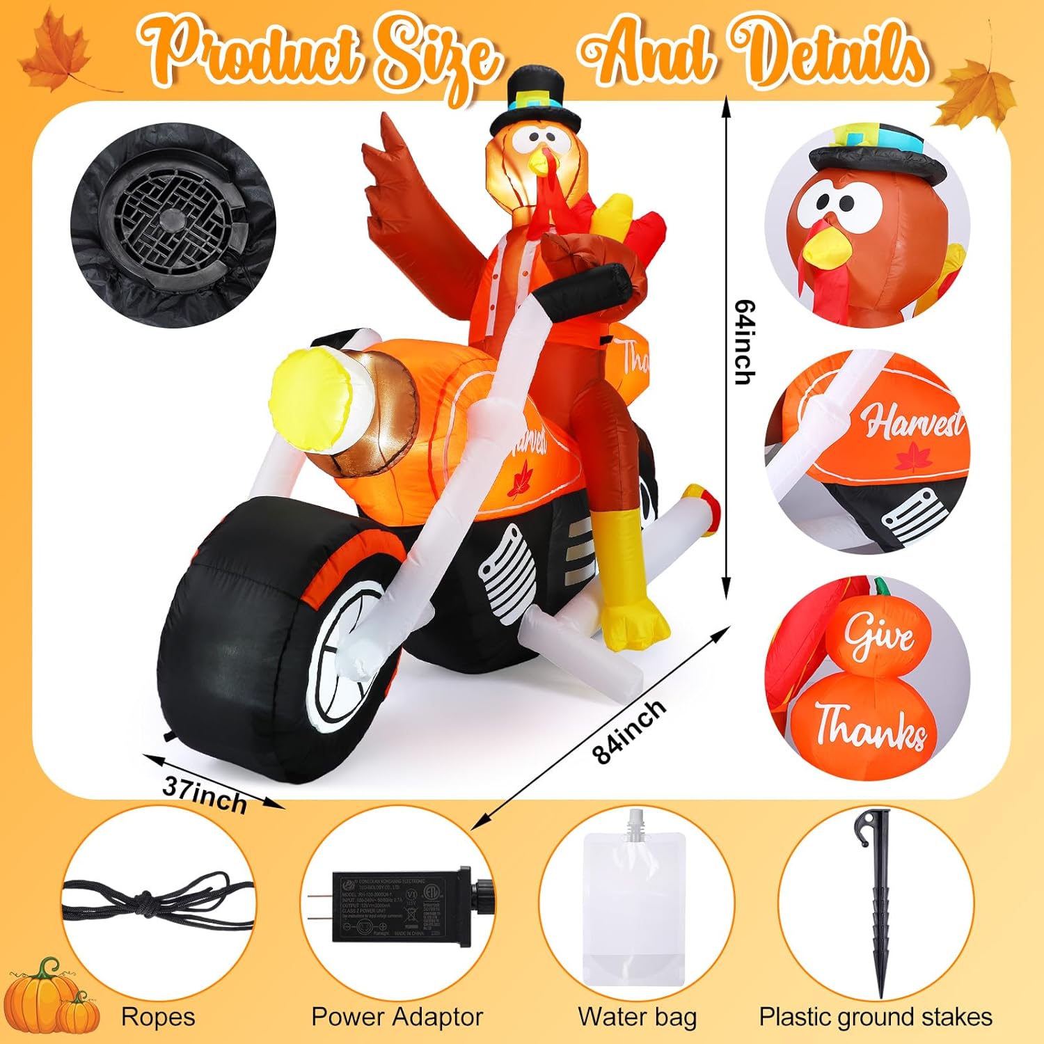 Leyndo 7 Feet Thanksgiving Inflatables Turkey Riding Motorcycle Decoration Outdoor Turkey Blow up Yard Decoration with LED Light for Fall Thanksgiving Party Indoor Outdoor Yard Garden Lawn Decor