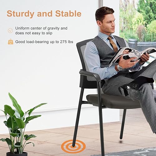 Miniatura 4 de CLATINA Office Reception Guest Chair Mesh Back Stacking with Ergonomic Lumbar Support and Thickened Seat Cushion for Waiting Conference Room Black