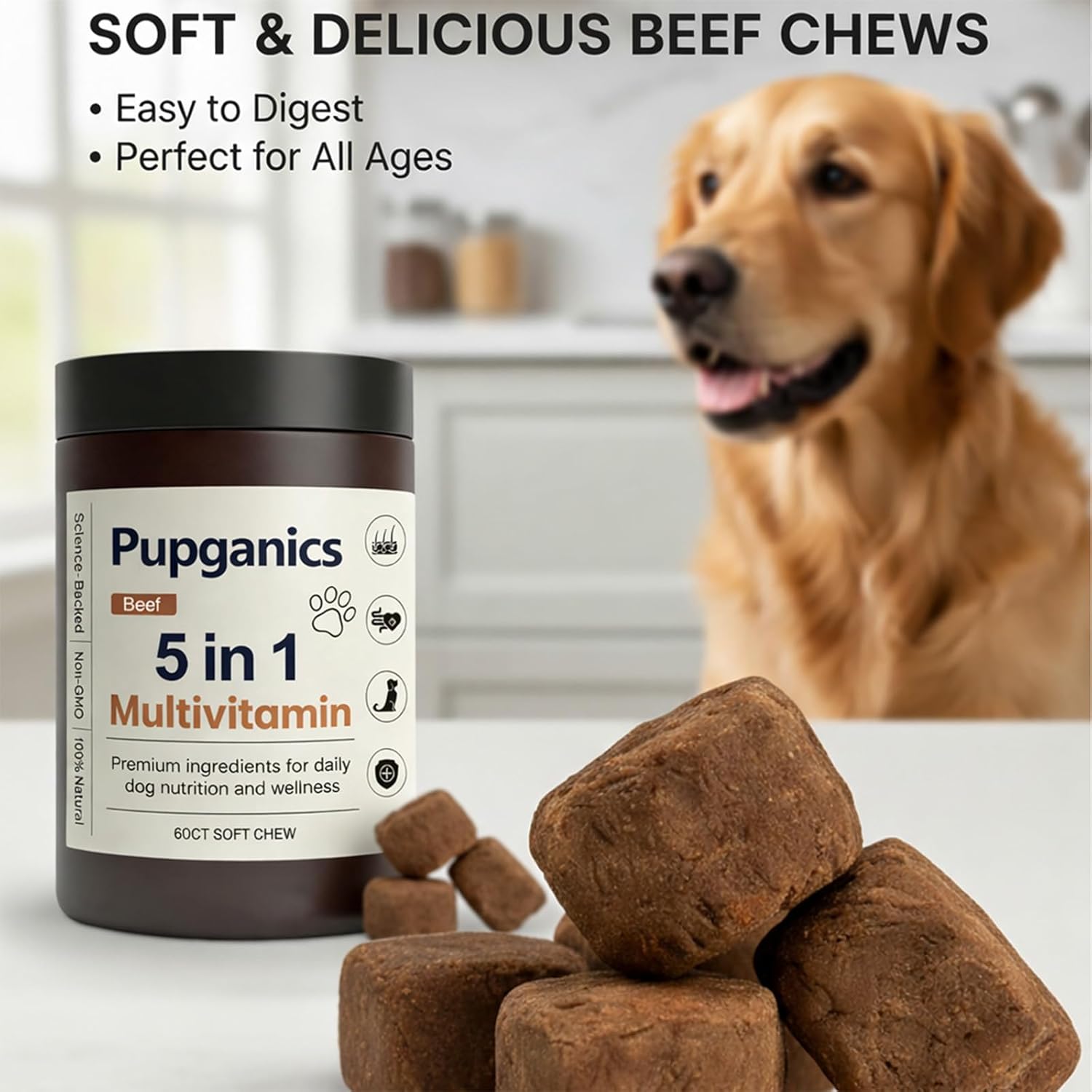 Pupganics Daily Multivitamin Soft Chews for Dogs, Probiotics & CoQ10 Supplement, Supports Hip & Joint, Heart Health, Skin & Coat