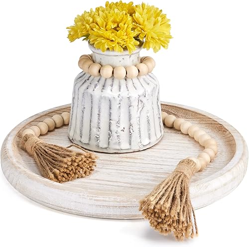 Yangbaga Bandeja decorativa de madera de madera de 11.8 pulgadas, bandeja de mesa auxiliar, redonda rústica, bandeja de centro de mesa, decoración