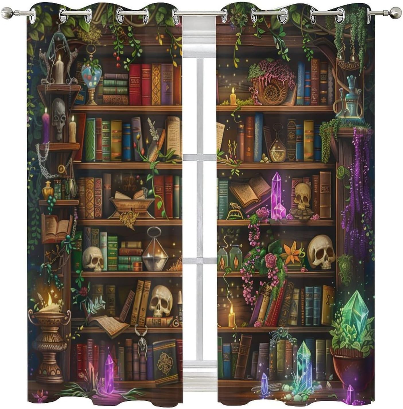 Vintage Classic Library Grommet Blackout Curtains for Bedroom, Crystal Bookshelf Fantasy Thermal Insulated Curtains Room Darkening Window Drapes, 36W x 63L, 2 Panels