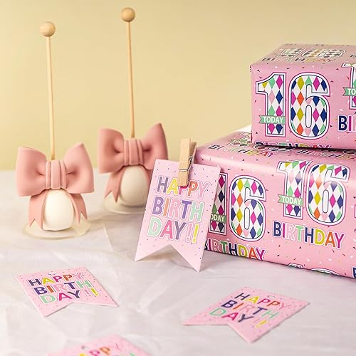 Miniatura 4 de RUSPEPA Hojas de papel de regalo de cumpleaños con etiquetas de regalo para niñas adolescentes, 6 hojas plegables cada juego, 27 x 19 pulgadas, 16