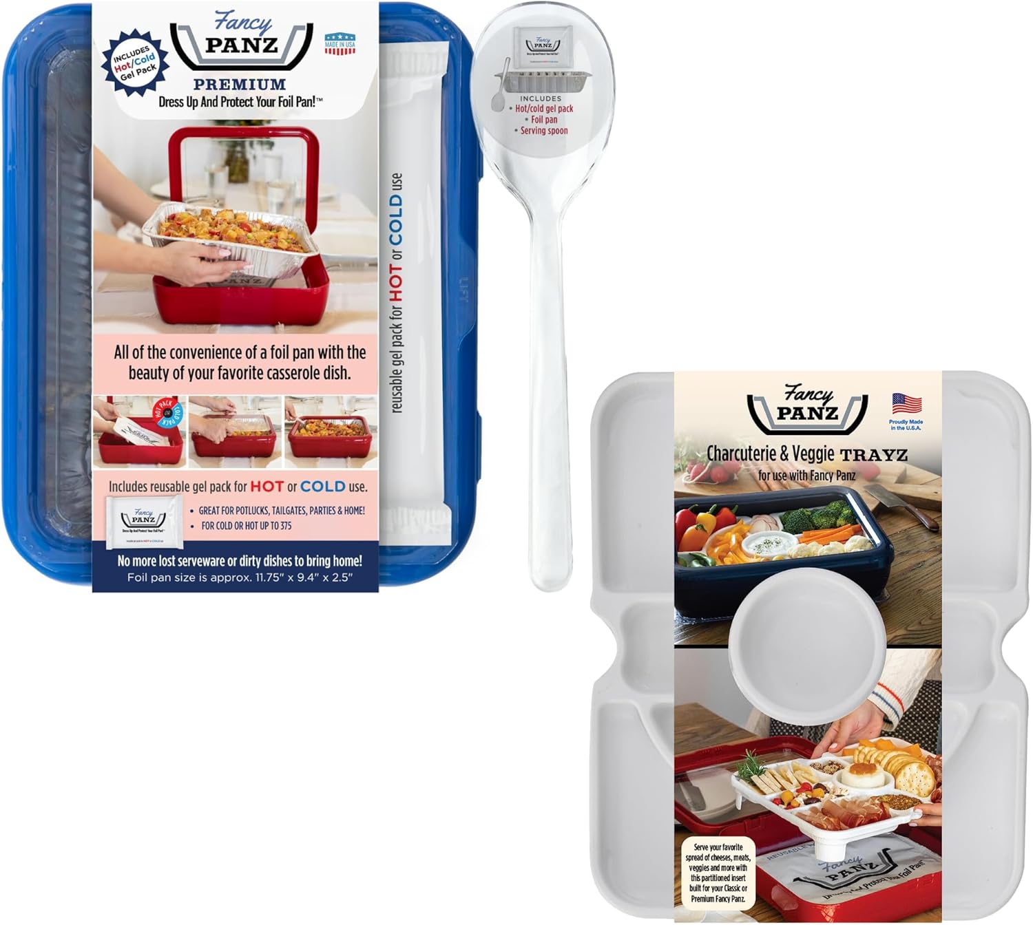 Fancy Panz Bundle, Denim Premium Charcuterie Trayz Insert, Made in the USA Foil Pan Carrier, Travel Casserole Carrier with Disposable Aluminum Pan, Hot/Cold Pack & Reusable Serving Spoon