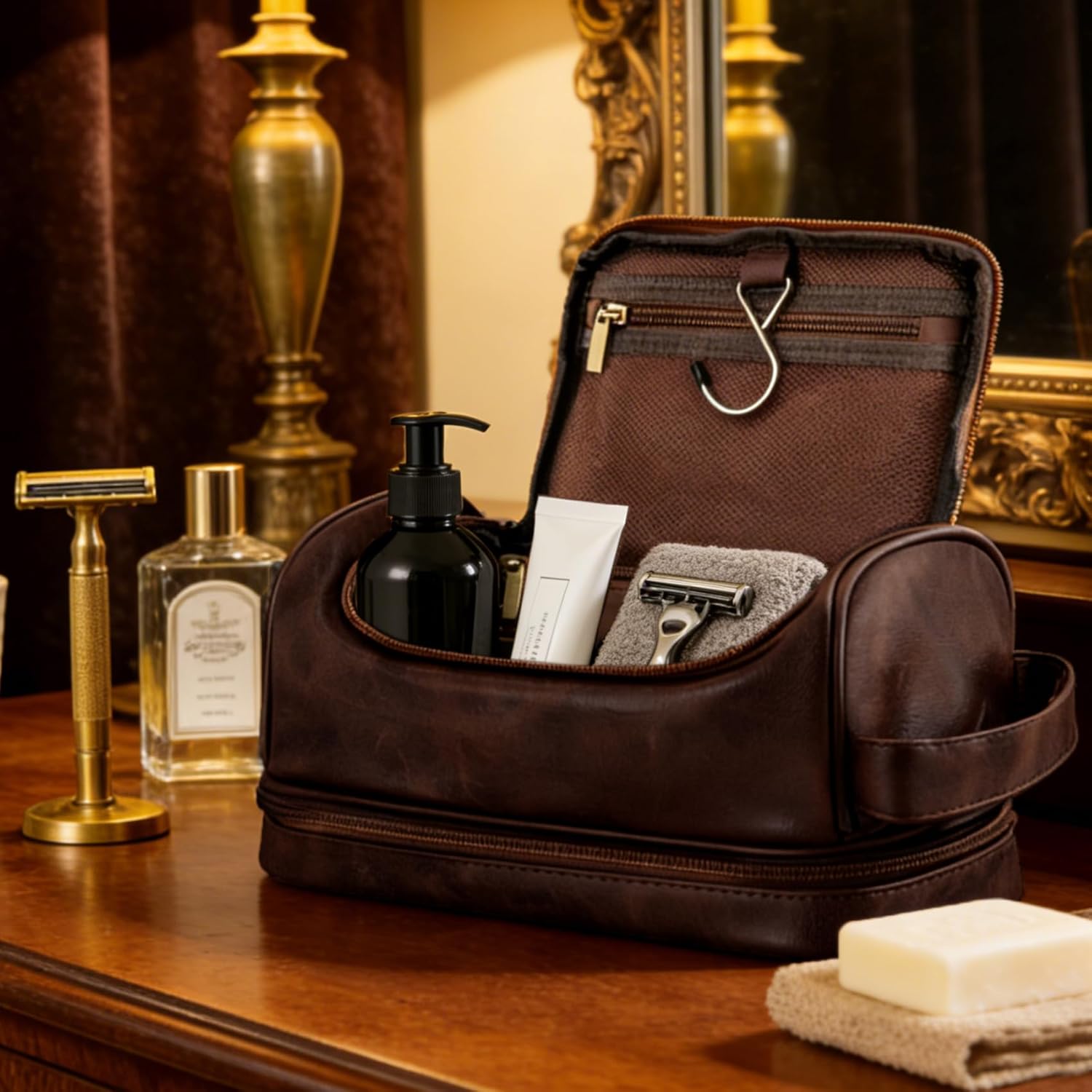 Personalized Toiletry Bag Travel Gifts for Men Him, Laser-Engraved Initial Waterproof PU Leather Shaving Bag Valentines Birthday Gift for Men Dad Husband Boyfriend Groomsmen Dark Brown M