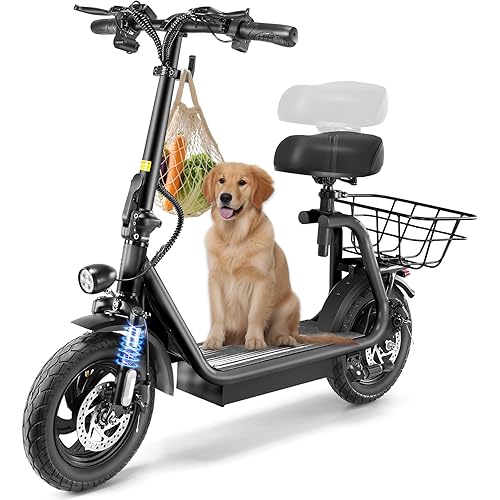 Caroma Peak 1200W Electric Scooter for Adults with Seat, 30 Miles Range and 20MPH with 3 Speed Mode LED Display,Foldable Adjustable E-Scooters with Shock Absorbtion,Peak 1200W-Black-30Miles