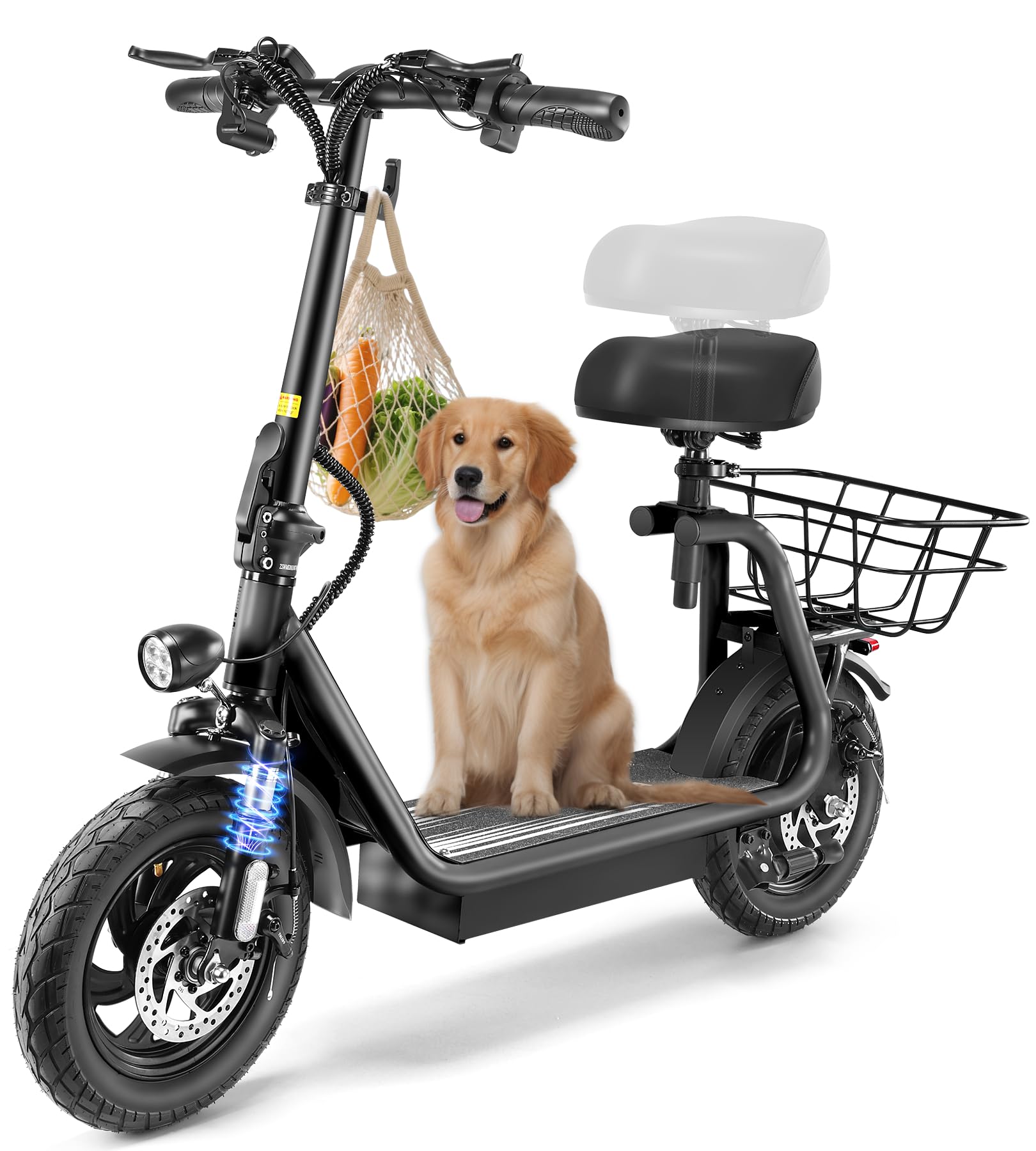 Caroma Peak 1200W/800W/500W Electric Scooter with Seat,14"/12" Fat Tire, Up to 30Miles and 20MPH Electric Scooter Adults&Teens, Adjustable E-Scooter with Shock Absorbtion and Basket