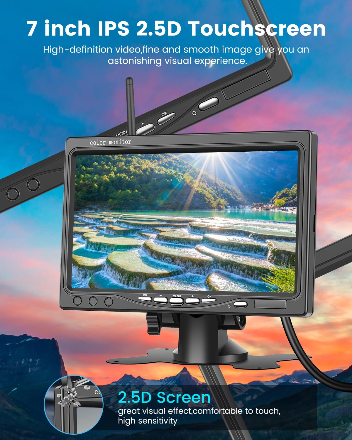 NHOPEEW Kit telecamera di retromarcia senza fili - schermo HD da 7 pollici con telecamera di backup wireless 1080P - visione notturna impermeabile IP68 per camion, rimorchi, autobus, auto, camper ecc