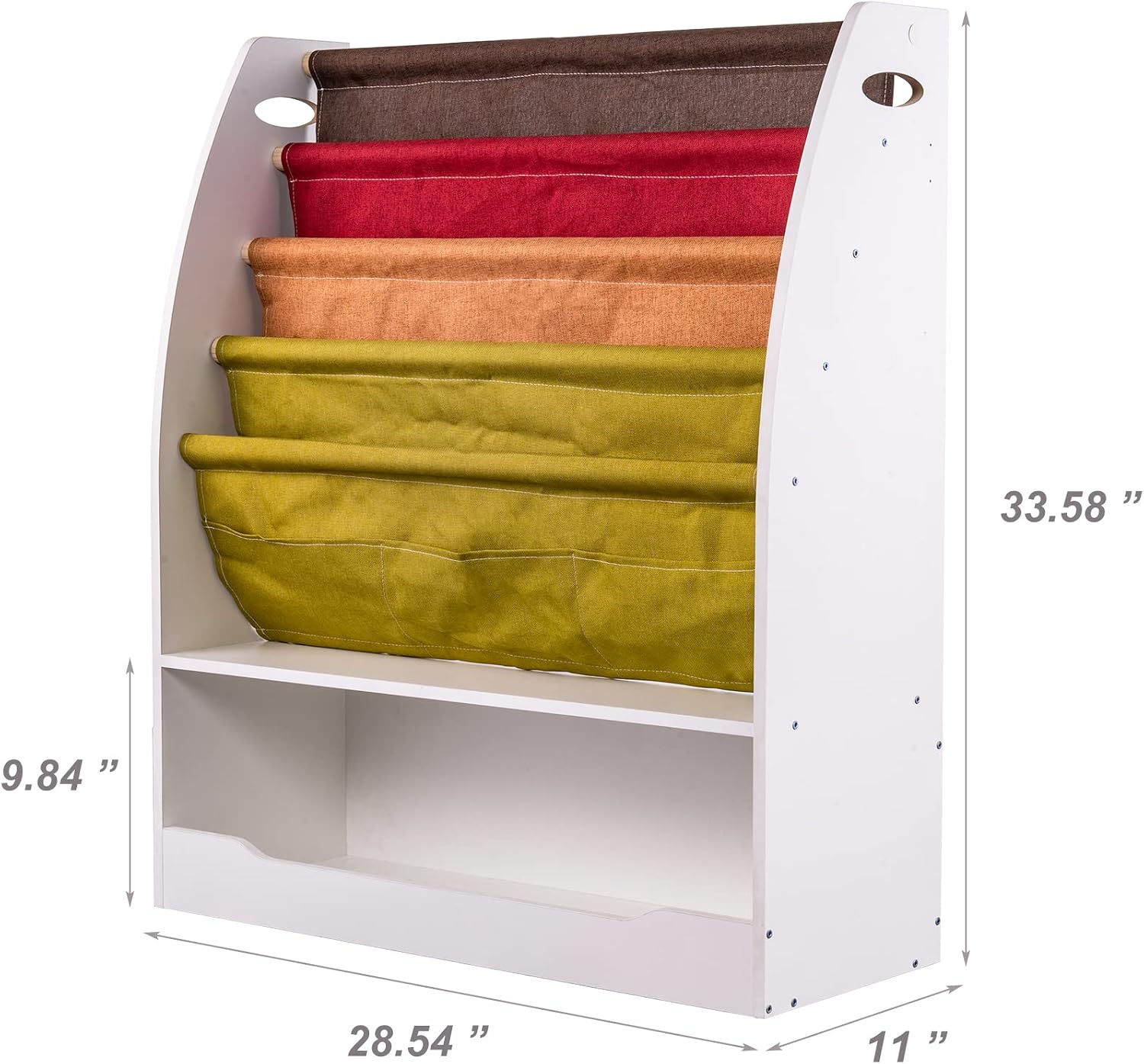 Kids Bookshelf and Toy Storage - 4-Tier Sling Book Organizer with Colorful Fabric Bins, Montessori Bookcase for Nursery, Toddler Bookshelf for Picture Books & Toys, White (28.54 x 11 x 33.58 Inches)