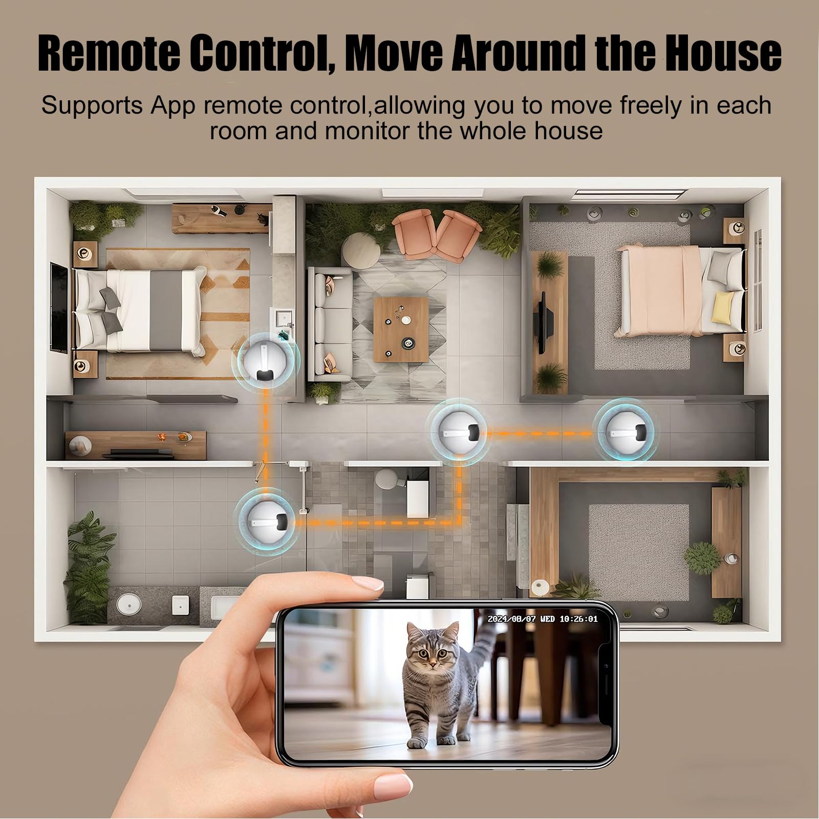 Robot Camera, 2.5K Cámara Robot para Mascotas con Audio 2 vías, Visión Nocturna, Reconocimiento de Movimiento, Grabación de vídeo, Control de Aplicaciones para Gatos, Perros, Bebé, Ancianos
